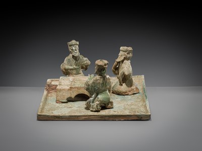Lot 230 - AN EXCEEDINGLY RARE POTTERY GROUP OF FOREIGN LIUBO PLAYERS, EASTERN HAN DYNASTY