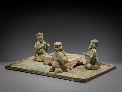 Lot 230 - AN EXCEEDINGLY RARE POTTERY GROUP OF FOREIGN LIUBO PLAYERS, EASTERN HAN DYNASTY