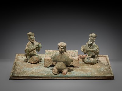 Lot 230 - AN EXCEEDINGLY RARE POTTERY GROUP OF FOREIGN LIUBO PLAYERS, EASTERN HAN DYNASTY