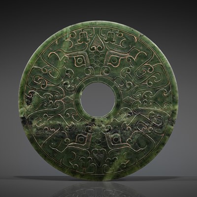 Lot 183 - AN ARCHAISTIC SPINACH GREEN JADE DISC, BI, MID-QING DYNASTY OR LATER