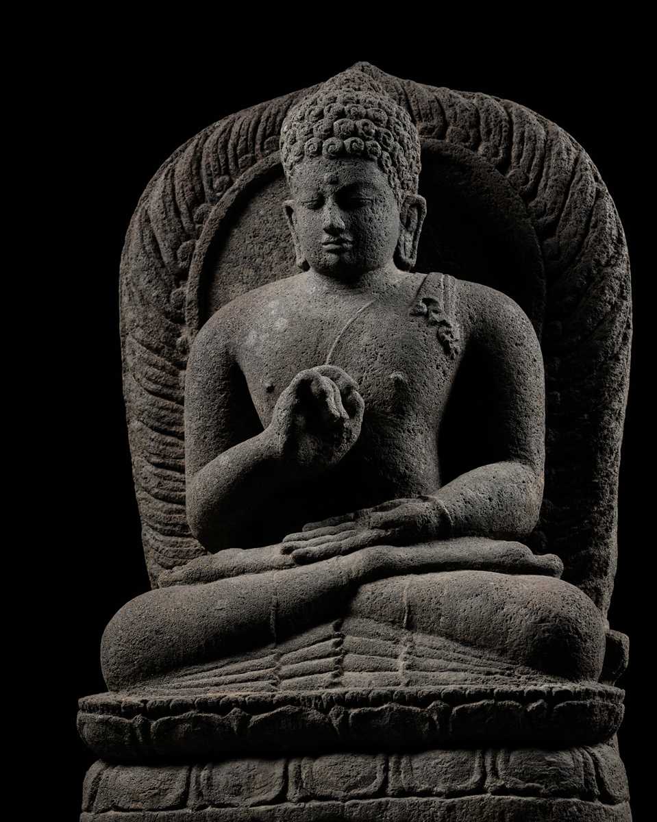 Sailendra Java Lot 674 - A VOLCANIC STONE FIGURE OF BUDDHA, CENTRAL