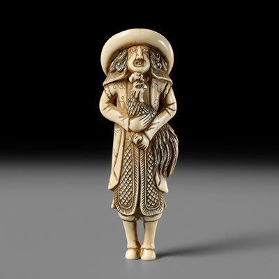 AN IVORY NETSUKE OF A DUTCHMAN WITH COCKEREL