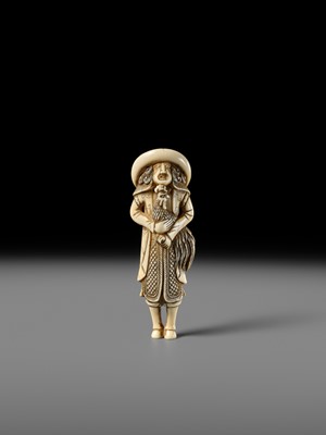 AN IVORY NETSUKE OF A DUTCHMAN WITH COCKEREL