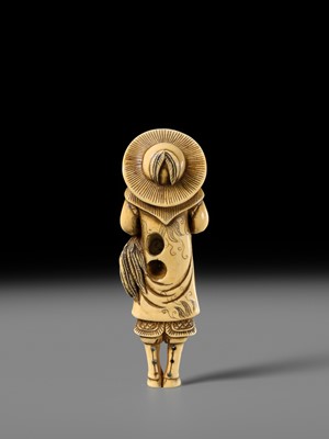 AN IVORY NETSUKE OF A DUTCHMAN WITH COCKEREL