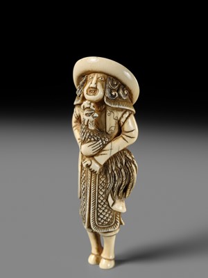 AN IVORY NETSUKE OF A DUTCHMAN WITH COCKEREL