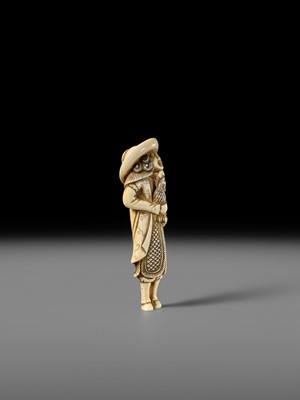AN IVORY NETSUKE OF A DUTCHMAN WITH COCKEREL