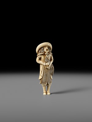 AN IVORY NETSUKE OF A DUTCHMAN WITH COCKEREL