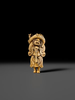 Lot 126 - A POWERFUL KYOTO SCHOOL IVORY NETSUKE OF SHOKI AND ONI