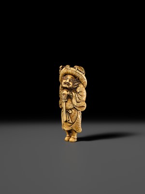Lot 126 - A POWERFUL KYOTO SCHOOL IVORY NETSUKE OF SHOKI AND ONI