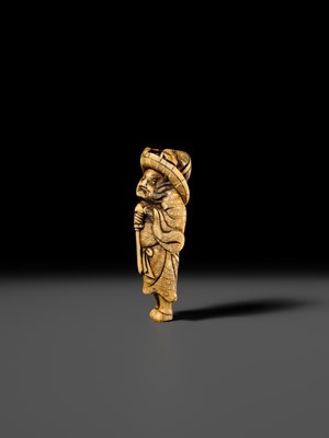 Lot 126 - A POWERFUL KYOTO SCHOOL IVORY NETSUKE OF SHOKI AND ONI