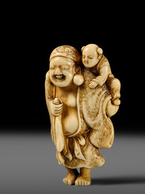 Lot 124 - OKATOMO: A FINE IVORY NETSUKE OF HOTEI WITH A KARAKO