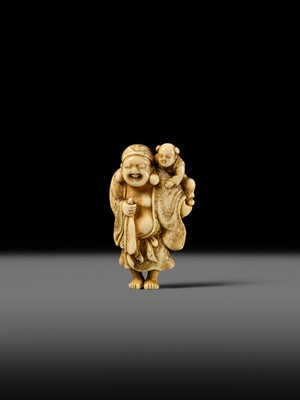Lot 124 - OKATOMO: A FINE IVORY NETSUKE OF HOTEI WITH A KARAKO