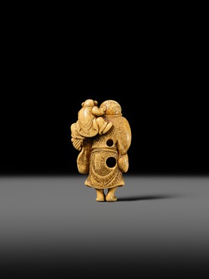 Lot 124 - OKATOMO: A FINE IVORY NETSUKE OF HOTEI WITH A KARAKO