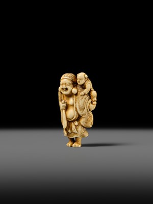 Lot 124 - OKATOMO: A FINE IVORY NETSUKE OF HOTEI WITH A KARAKO