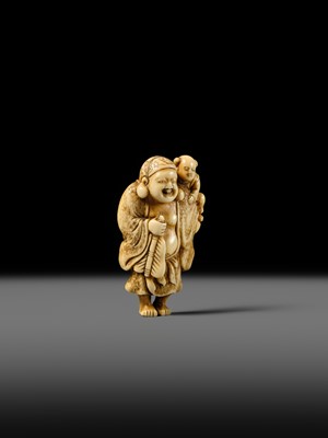 Lot 124 - OKATOMO: A FINE IVORY NETSUKE OF HOTEI WITH A KARAKO