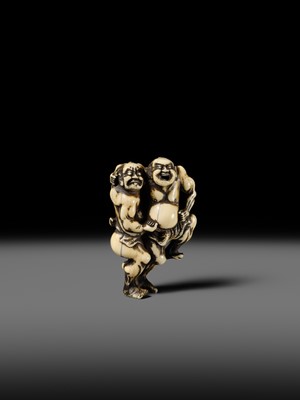 Lot 130 - AN IVORY NETSUKE OF THE TWO SUMO WRESTLERS KAGEHISA AND SUKEYASU