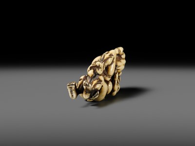 Lot 130 - AN IVORY NETSUKE OF THE TWO SUMO WRESTLERS KAGEHISA AND SUKEYASU