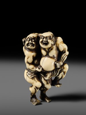 Lot 130 - AN IVORY NETSUKE OF THE TWO SUMO WRESTLERS KAGEHISA AND SUKEYASU