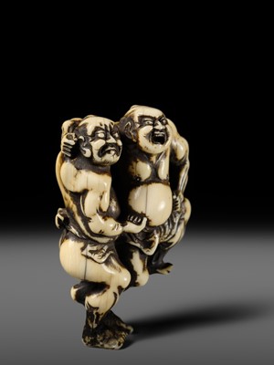 Lot 130 - AN IVORY NETSUKE OF THE TWO SUMO WRESTLERS KAGEHISA AND SUKEYASU