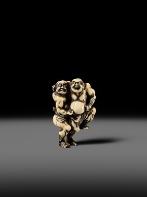 Lot 130 - AN IVORY NETSUKE OF THE TWO SUMO WRESTLERS KAGEHISA AND SUKEYASU