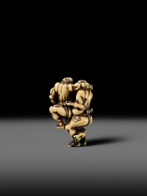 Lot 130 - AN IVORY NETSUKE OF THE TWO SUMO WRESTLERS KAGEHISA AND SUKEYASU