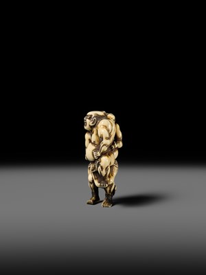 Lot 130 - AN IVORY NETSUKE OF THE TWO SUMO WRESTLERS KAGEHISA AND SUKEYASU