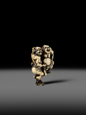 Lot 130 - AN IVORY NETSUKE OF THE TWO SUMO WRESTLERS KAGEHISA AND SUKEYASU