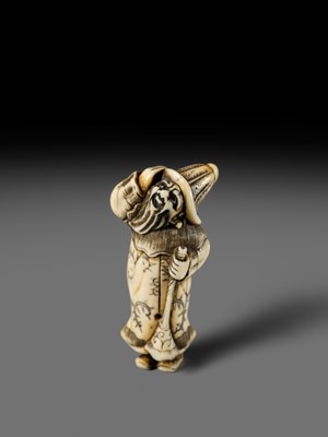 Lot 131 - NIRAKU: AN OSAKA SCHOOL IVORY NETSUKE OF A DUTCHMAN WITH A TRUMPET