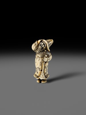 Lot 131 - NIRAKU: AN OSAKA SCHOOL IVORY NETSUKE OF A DUTCHMAN WITH A TRUMPET