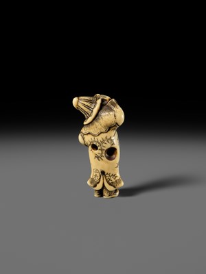 Lot 131 - NIRAKU: AN OSAKA SCHOOL IVORY NETSUKE OF A DUTCHMAN WITH A TRUMPET