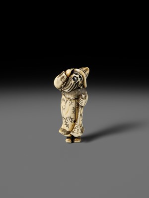 Lot 131 - NIRAKU: AN OSAKA SCHOOL IVORY NETSUKE OF A DUTCHMAN WITH A TRUMPET
