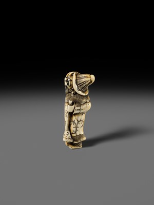 Lot 131 - NIRAKU: AN OSAKA SCHOOL IVORY NETSUKE OF A DUTCHMAN WITH A TRUMPET