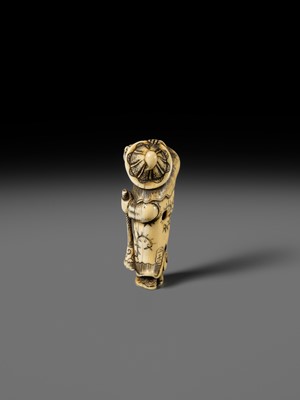 Lot 131 - NIRAKU: AN OSAKA SCHOOL IVORY NETSUKE OF A DUTCHMAN WITH A TRUMPET