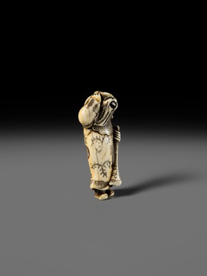 Lot 131 - NIRAKU: AN OSAKA SCHOOL IVORY NETSUKE OF A DUTCHMAN WITH A TRUMPET