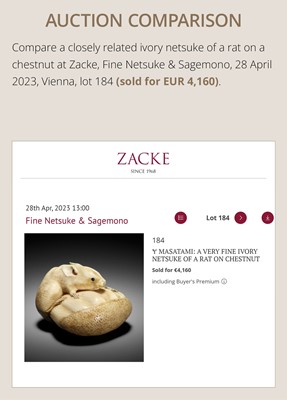 Lot 438 - MASATAMI: A FINE IVORY NETSUKE OF A RAT ON A FAN