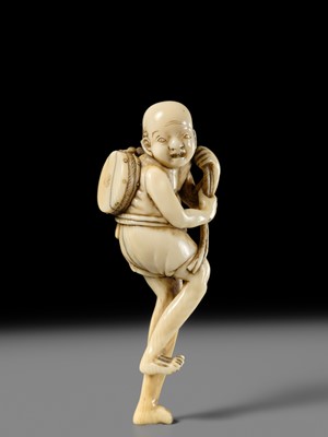 Lot 269 - GYOKUYOSAI: A FINE IVORY NETSUKE OF ASHINAGA WITH A DRUM