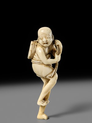 Lot 269 - GYOKUYOSAI: A FINE IVORY NETSUKE OF ASHINAGA WITH A DRUM