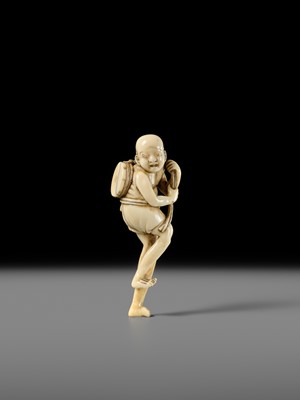 Lot 269 - GYOKUYOSAI: A FINE IVORY NETSUKE OF ASHINAGA WITH A DRUM