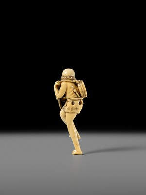 Lot 269 - GYOKUYOSAI: A FINE IVORY NETSUKE OF ASHINAGA WITH A DRUM