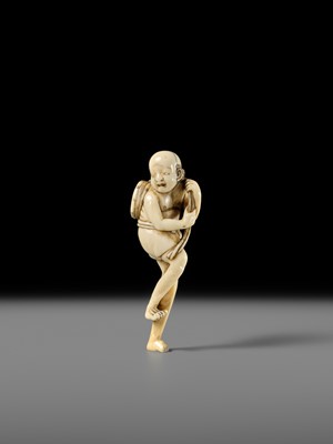 Lot 269 - GYOKUYOSAI: A FINE IVORY NETSUKE OF ASHINAGA WITH A DRUM