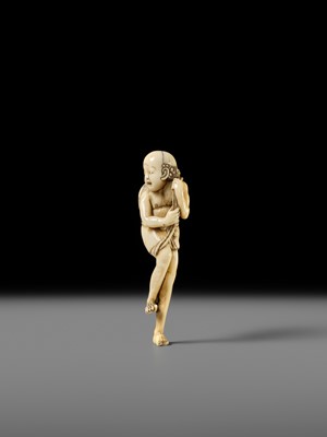 Lot 269 - GYOKUYOSAI: A FINE IVORY NETSUKE OF ASHINAGA WITH A DRUM