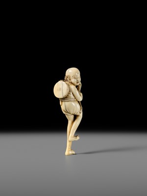 Lot 269 - GYOKUYOSAI: A FINE IVORY NETSUKE OF ASHINAGA WITH A DRUM