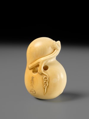 Lot 436 - CHOKUSAI: A FINE IVORY NETSUKE OF A WASP IN A GOURD