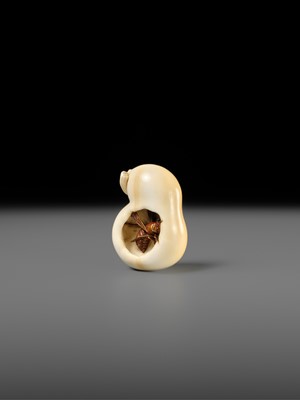 Lot 436 - CHOKUSAI: A FINE IVORY NETSUKE OF A WASP IN A GOURD