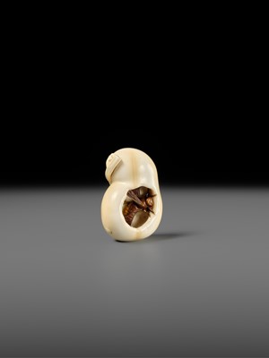 Lot 436 - CHOKUSAI: A FINE IVORY NETSUKE OF A WASP IN A GOURD