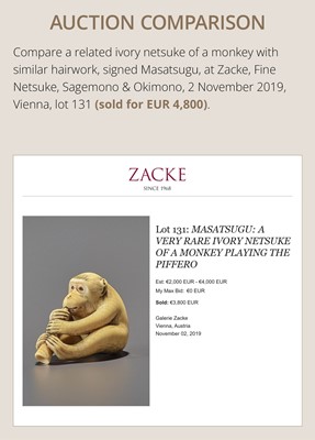 Lot 164 - MASATSUGU: A FINE IVORY NETSUKE OF MONKEYS ON A STRAW HUT