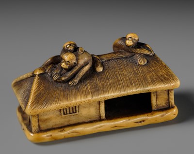Lot 164 - MASATSUGU: A FINE IVORY NETSUKE OF MONKEYS ON A STRAW HUT