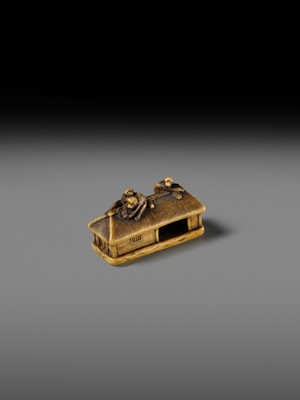 Lot 164 - MASATSUGU: A FINE IVORY NETSUKE OF MONKEYS ON A STRAW HUT