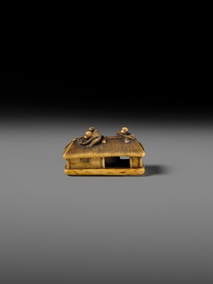 Lot 164 - MASATSUGU: A FINE IVORY NETSUKE OF MONKEYS ON A STRAW HUT