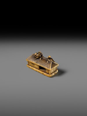 Lot 164 - MASATSUGU: A FINE IVORY NETSUKE OF MONKEYS ON A STRAW HUT
